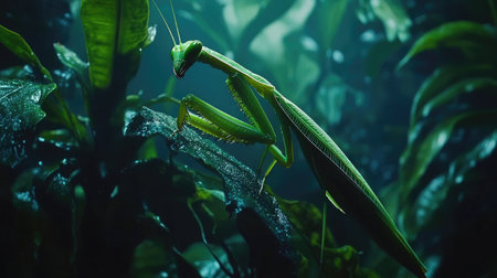 A macro photograph of a green praying mantis perched on a leaf, showcasing its detailed features and natural camouflage.の素材