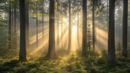 A tranquil scene of a misty morning in a dense forest, with sunlight streaming through the trees and illuminating the forest floor.の素材