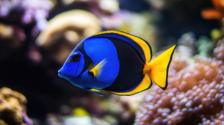 A high-definition image of a blue tang fish swimming among colorful coral reefs, its bright colors standing out in the clear water.の素材