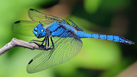 A macro image of a blue dragonfly resting on a twig, with its intricate wing patterns and compound eyes clearly visible.の素材