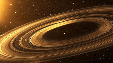 A close-up of Saturn's rings, displaying their intricate patterns and divisions, set against the planet's golden hues and the dark void beyond.の素材