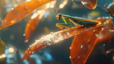 A macro photograph of a green praying mantis perched on a leaf, showcasing its detailed features and natural camouflage.の素材