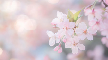 A close-up shot of delicate cherry blossoms with soft pink petals, set against a blurred background of a traditional Japanese garden.の素材