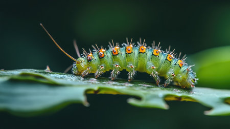 A macro shot of a green caterpillar inching along a twig, with a blurred leafy background emphasizing its delicate features.の素材