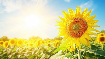 A stunning view of a sunflower field in full bloom, stretching towards the horizon under a bright, cloudless sky.の素材