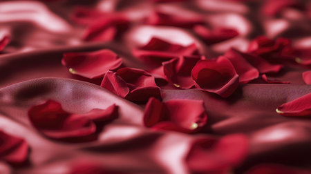 A high-resolution shot of red rose petals scattered on a red satin sheet, creating a romantic and luxurious ambiance.の素材