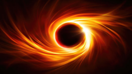 An abstract representation of a black hole, with light bending around its event horizon, illustrating the warping of space-time.の素材