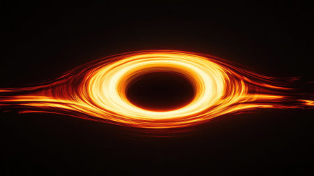 An abstract representation of a black hole, with light bending around its event horizon, illustrating the warping of space-time.の素材