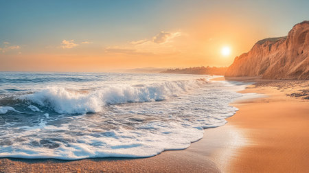 A serene coastal scene featuring rugged cliffs, a sandy beach, and gentle waves lapping at the shore under a clear, sunny sky.の素材