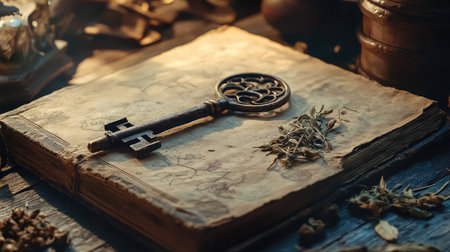 A close-up of a vintage, rusted key resting on an old, weathered spellbook, surrounded by dried herbs and mysterious artifacts.の素材