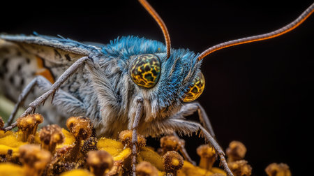 A macro shot of a blue butterfly resting on a yellow sunflower, highlighting the contrast between the vibrant colors.の素材