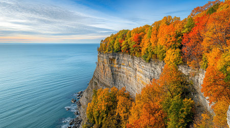 A panoramic view of a coastal cliffside adorned with trees in peak fall colors, overlooking a calm, blue ocean under a clear sky.の素材