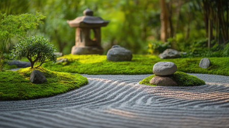 A serene image of a Japanese Zen garden with meticulously raked gravel patterns and strategically placed green moss-covered stones.の素材
