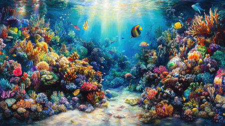 A vibrant coral reef teeming with colorful marine life, bathed in sunlight filtering through the clear turquoise water.の素材