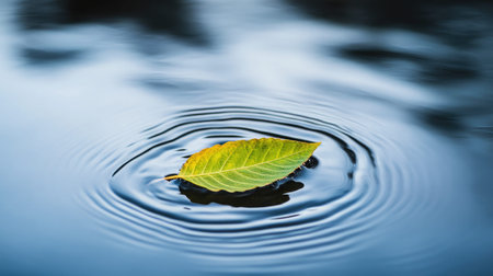 A minimalist design featuring a single green leaf floating on a calm water surface, with gentle ripples creating a soothing effect.の素材