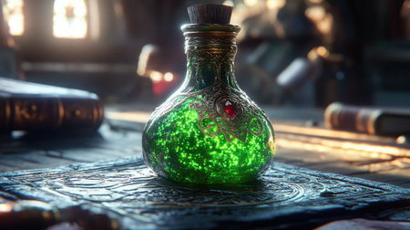 A close-up of a potion bottle filled with glowing green liquid, set against a backdrop of ancient, leather-bound spell books.の素材