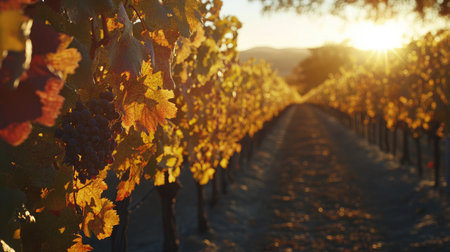 A picturesque vineyard with rows of grapevines turning golden, set against the backdrop of a setting sun casting a warm glow.の素材