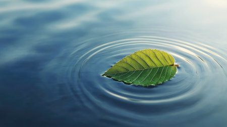 A minimalist design featuring a single green leaf floating on a calm water surface, with gentle ripples creating a soothing effect.の素材