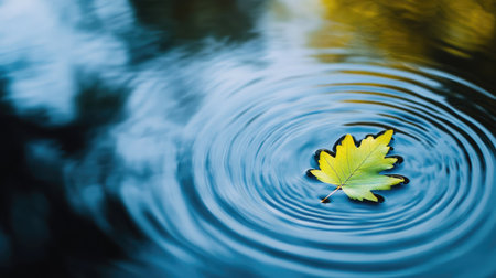 A minimalist design featuring a single green leaf floating on a calm water surface, with gentle ripples creating a soothing effect.の素材