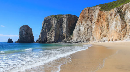 A serene coastal scene featuring rugged cliffs, a sandy beach, and gentle waves lapping at the shore under a clear, sunny sky.の素材