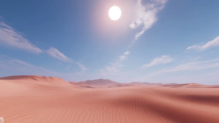 A vast desert landscape with rolling sand dunes, under a deep blue sky with wispy clouds, and the sun casting long shadows across the terrain.の素材