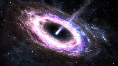 An artistic representation of a quasar, illustrating a supermassive black hole at the center of a distant galaxy, emitting intense radiation.の素材