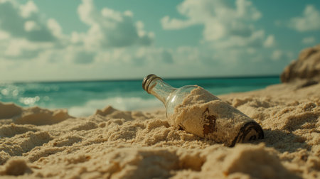 A close-up of a message in a bottle partially buried in the sand, with the ocean in the background, evoking a sense of mystery and adventure.の素材