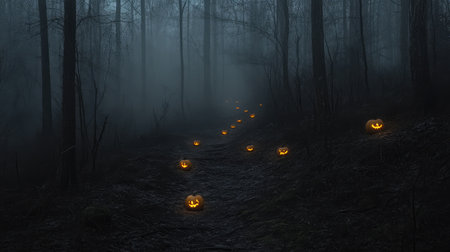 A dark forest path lined with glowing pumpkins, leading into the misty unknown, with shadows lurking among the trees.の素材