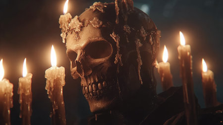 A close-up of a sinister, grinning skull adorned with melted candles, set against a backdrop of dark, tattered fabric.の素材