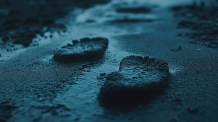 A close-up of footprints leading away on wet sand, with gentle waves washing over them, symbolizing a journey or passage of time.の素材