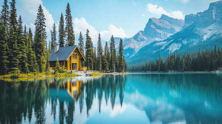 A serene lakeside scene with a small wooden cabin nestled among tall pine trees, reflected in the calm, clear water under a blue sky.の素材
