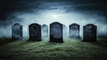 A foggy, moonlit graveyard with ancient, crumbling tombstones and ghostly apparitions drifting among the graves.の素材