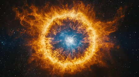 A detailed capture of the Ring Nebula, featuring its distinct circular shape and colorful layers of ionized gas expanding into space.の素材