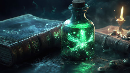 A close-up of a potion bottle filled with glowing green liquid, set against a backdrop of ancient, leather-bound spell books.の素材
