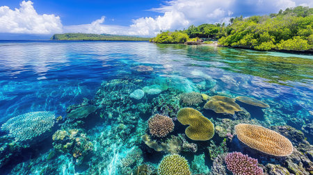 Aerial view of a coral reef visible through crystal-clear waters, with vibrant marine life and colorful corals just beneath the ocean's surface.の素材