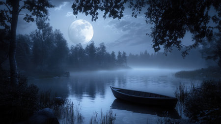 A foggy, moonlit lake with a dilapidated rowboat drifting near the shore, surrounded by dense, shadowy woods.の素材