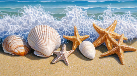 A close-up of seashells and starfish scattered across wet sand, with gentle waves washing over them, capturing the essence of coastal beauty.の素材