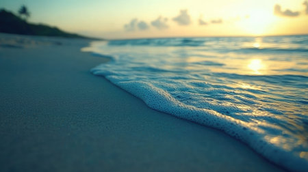 A close-up of gentle ocean waves creating intricate patterns in the sand as they recede, highlighting the natural artistry of the shoreline.の素材