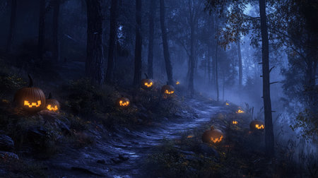 A dark forest path lined with glowing pumpkins, leading into the misty unknown, with shadows lurking among the trees.の素材