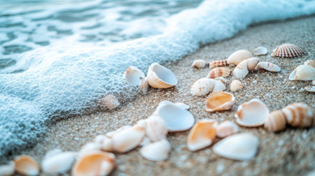 A close-up of seashells scattered across wet sand, with gentle waves washing over them, capturing the essence of coastal beauty.の素材