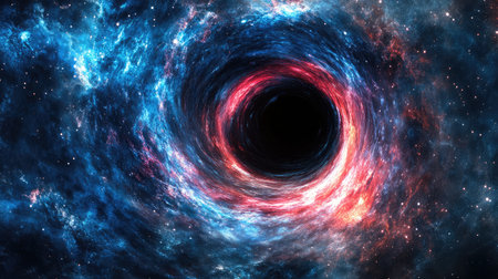 An abstract representation of a black hole, with light bending around its event horizon, illustrating the warping of space-time.の素材