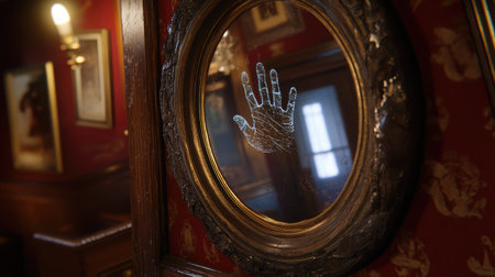 A close-up of a cracked, antique mirror reflecting a dimly lit room, with ghostly handprints visible on the glass.の素材