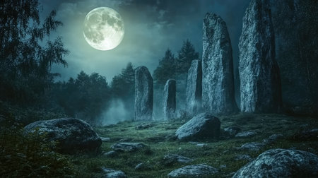 A dark, misty forest clearing with a circle of ancient standing stones, illuminated by the glow of the full moon.の素材
