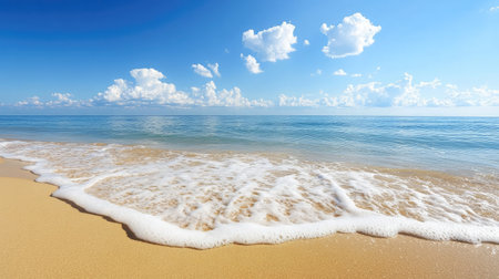 A close-up of gentle ocean waves creating intricate patterns in the sand as they recede, highlighting the natural artistry of the shoreline.の素材