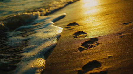 A close-up of footprints leading away on wet sand, with gentle waves washing over them, symbolizing a journey or passage of time.の素材