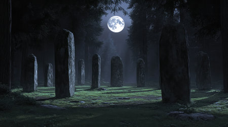 A dark, misty forest clearing with a circle of ancient standing stones, illuminated by the glow of the full moon.の素材