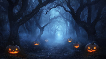 A dark forest path lined with glowing pumpkins, leading into the misty unknown, with shadows lurking among the trees.の素材