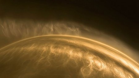 A close-up of Venus' cloud-covered surface, highlighting its thick, toxic atmosphere and the subtle variations in its cloud patterns.の素材