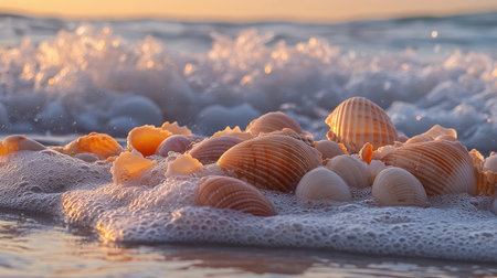 A close-up of seashells scattered across wet sand, with gentle waves washing over them, capturing the essence of coastal beauty.の素材