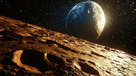 A close-up of Mercury's heavily cratered surface, highlighting its resemblance to Earth's Moon with its rugged terrain and lack of atmosphere.の素材